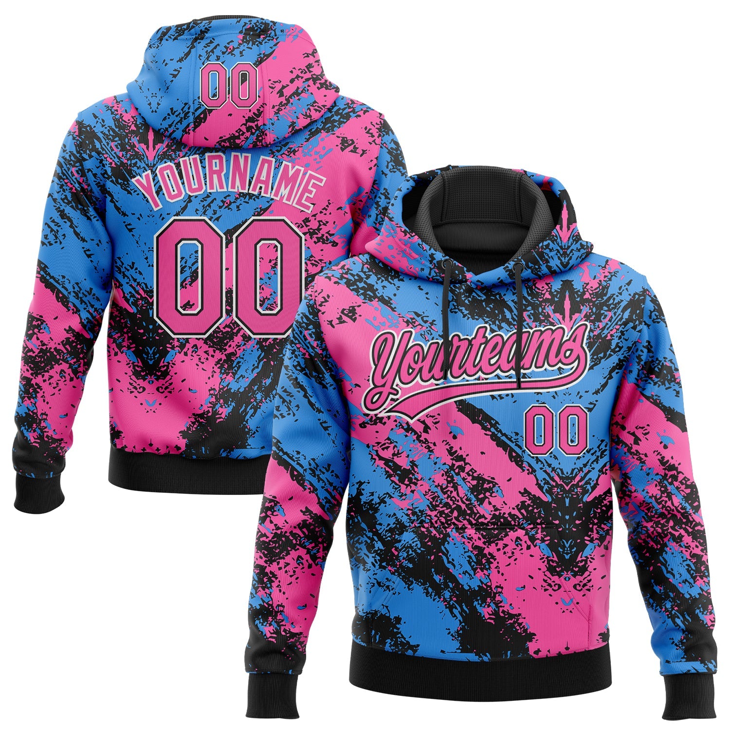 Custom Stitched Black Pink Powder Blue-White Abstract Splatter Sports Pullover Sweatshirt Hoodie - Main View