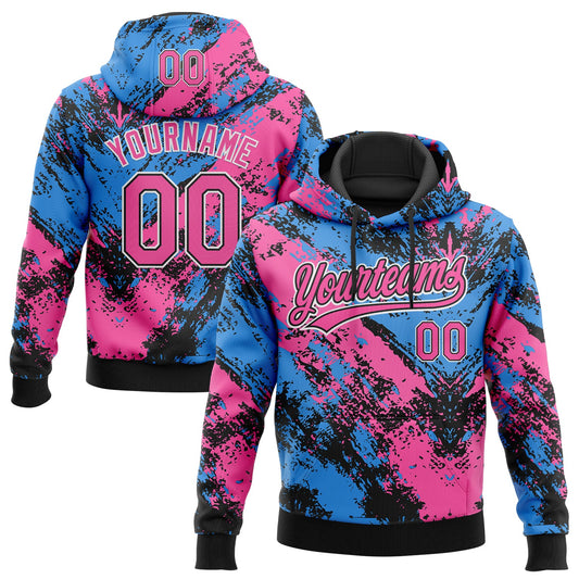 Custom Stitched Black Pink Powder Blue-White Abstract Splatter Sports Pullover Sweatshirt Hoodie - Main View