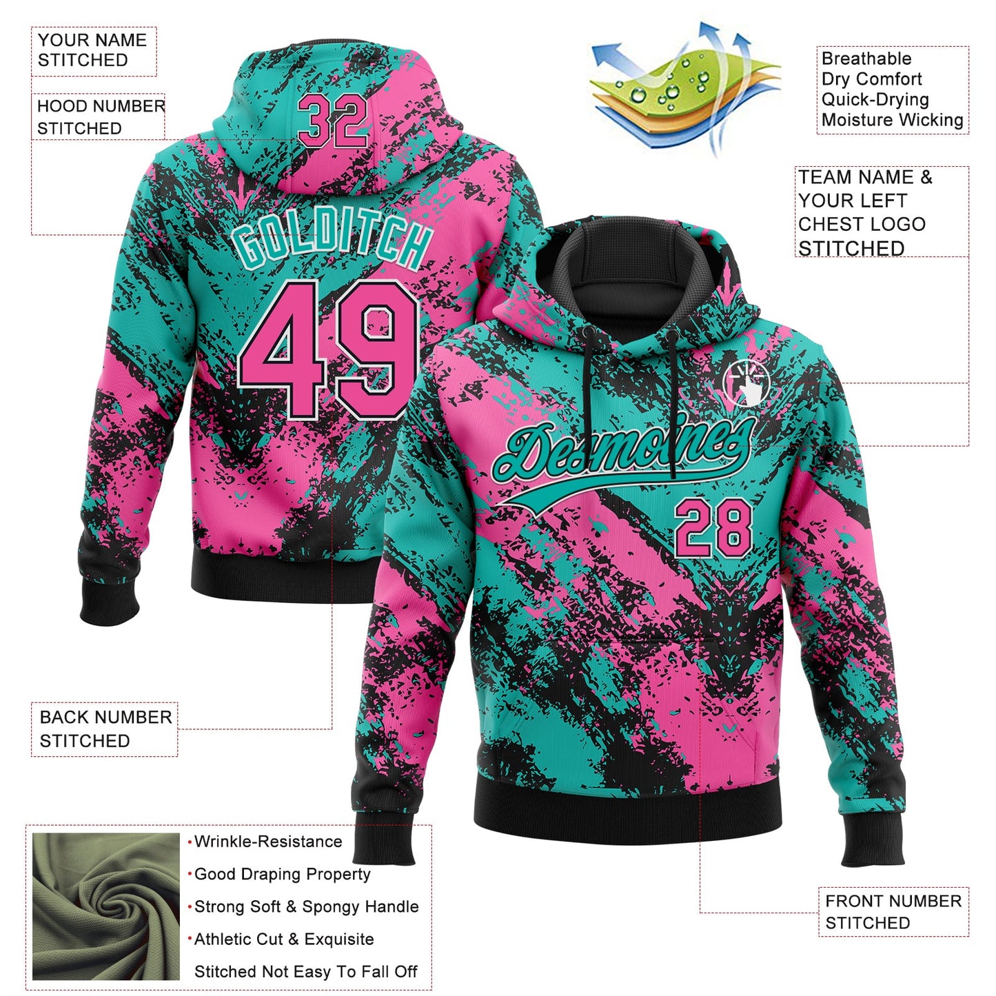 Custom Stitched Black Pink Aqua-White Abstract Splatter Sports Pullover Sweatshirt Hoodie view 4