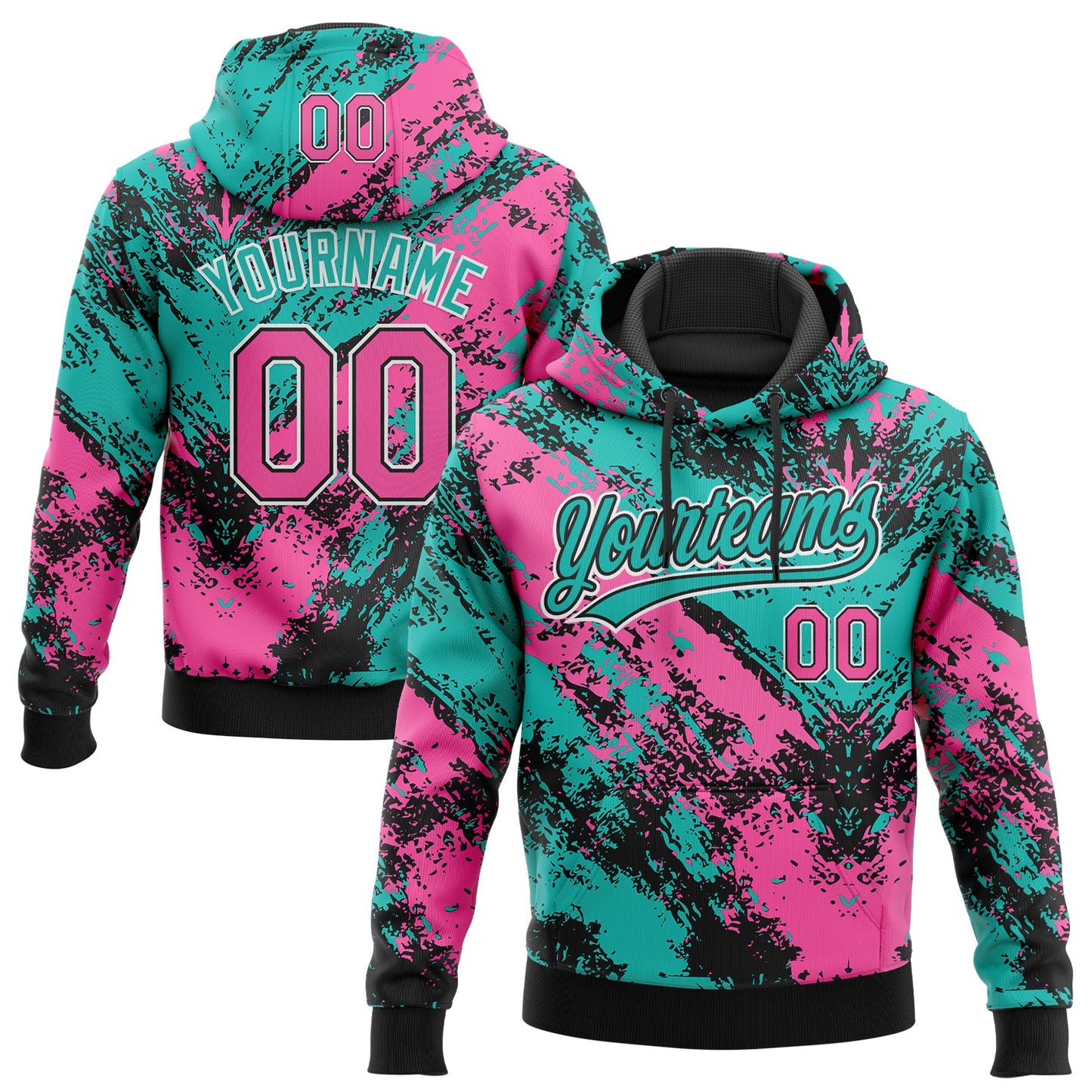 Custom Stitched Black Pink Aqua-White Abstract Splatter Sports Pullover Sweatshirt Hoodie - Main View