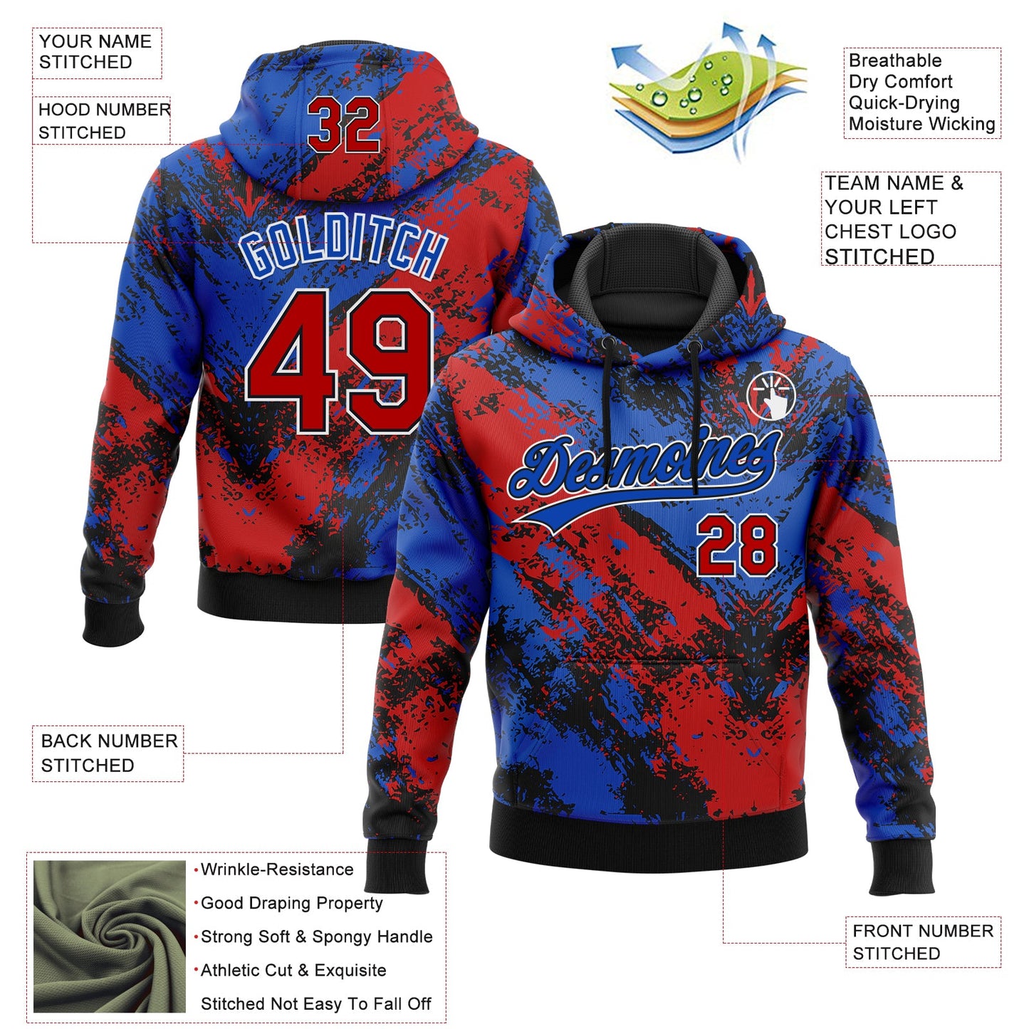 Custom Stitched Black Red Thunder Blue-White Abstract Splatter Sports Pullover Sweatshirt Hoodie view 4