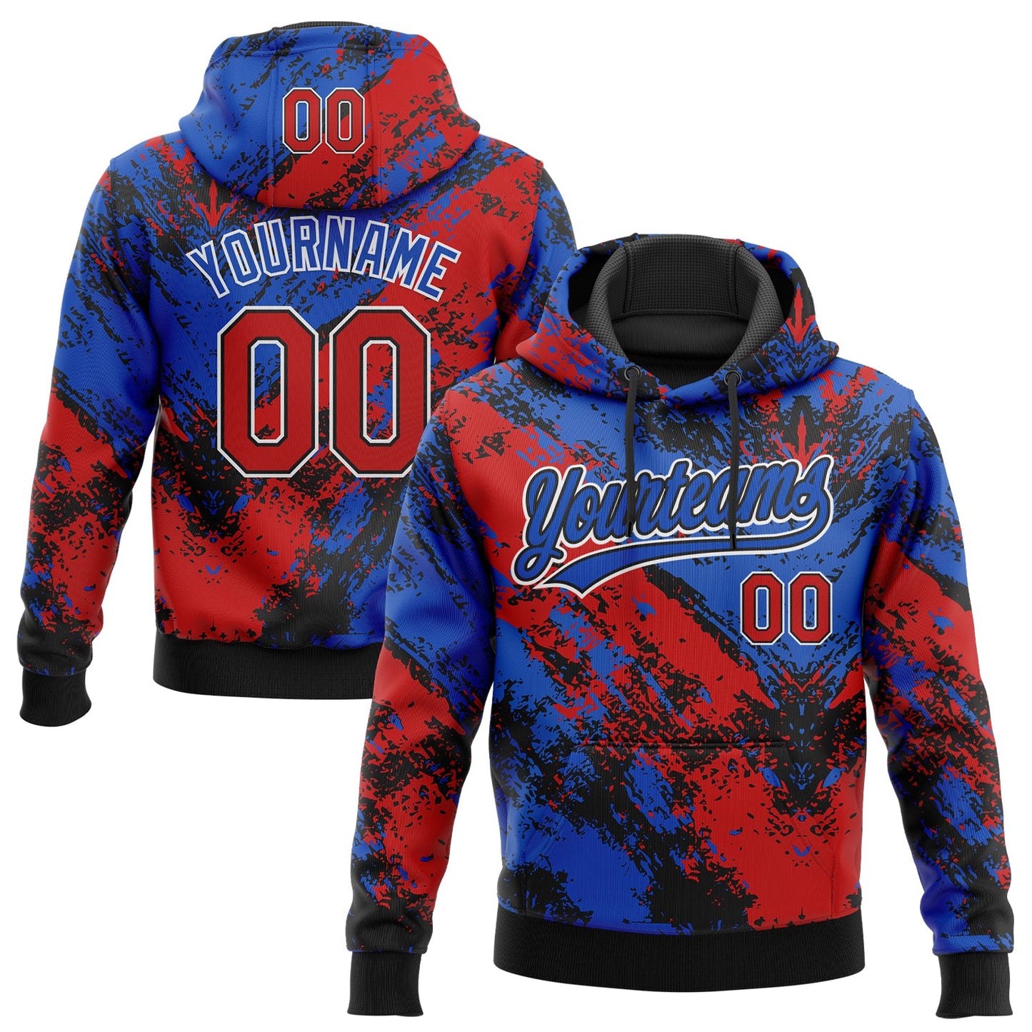 Custom Stitched Black Red Thunder Blue-White Abstract Splatter Sports Pullover Sweatshirt Hoodie - Main View