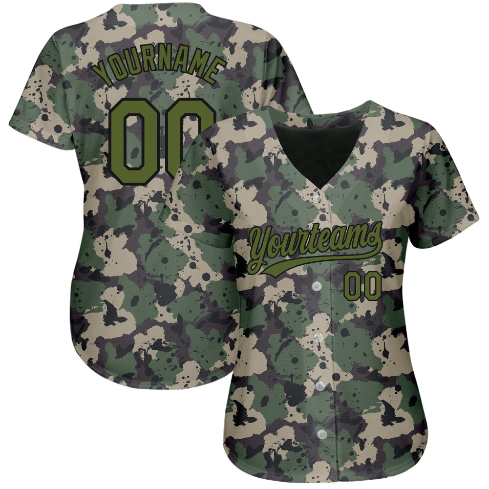 Custom Camo Olive-Black 3D Pattern Design Authentic Salute To Service Baseball Jersey view 2