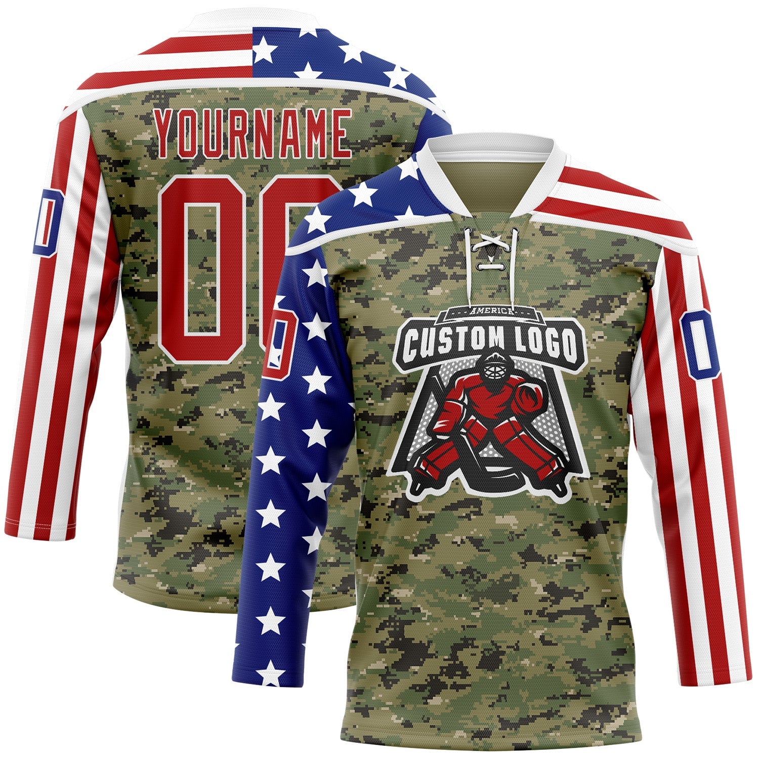 Custom Camo Red Royal-White American Flag Camouflage Hockey Lace Neck Jersey view 2