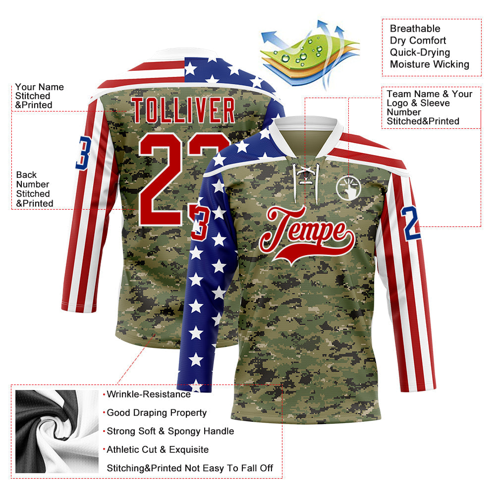 Custom Camo Red Royal-White American Flag Camouflage Hockey Lace Neck Jersey view 5