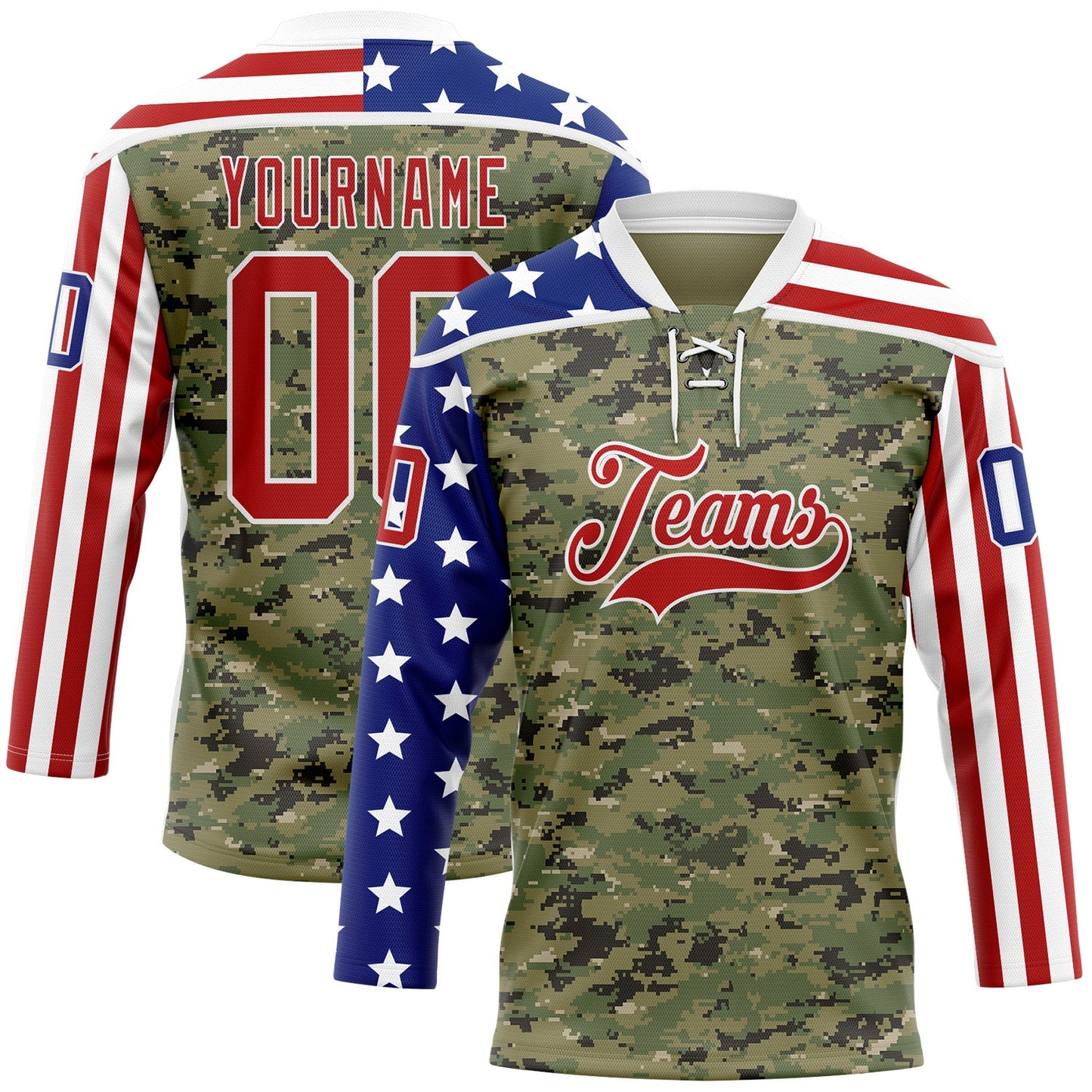 Custom Camo Red Royal-White American Flag Camouflage Hockey Lace Neck Jersey - Main View