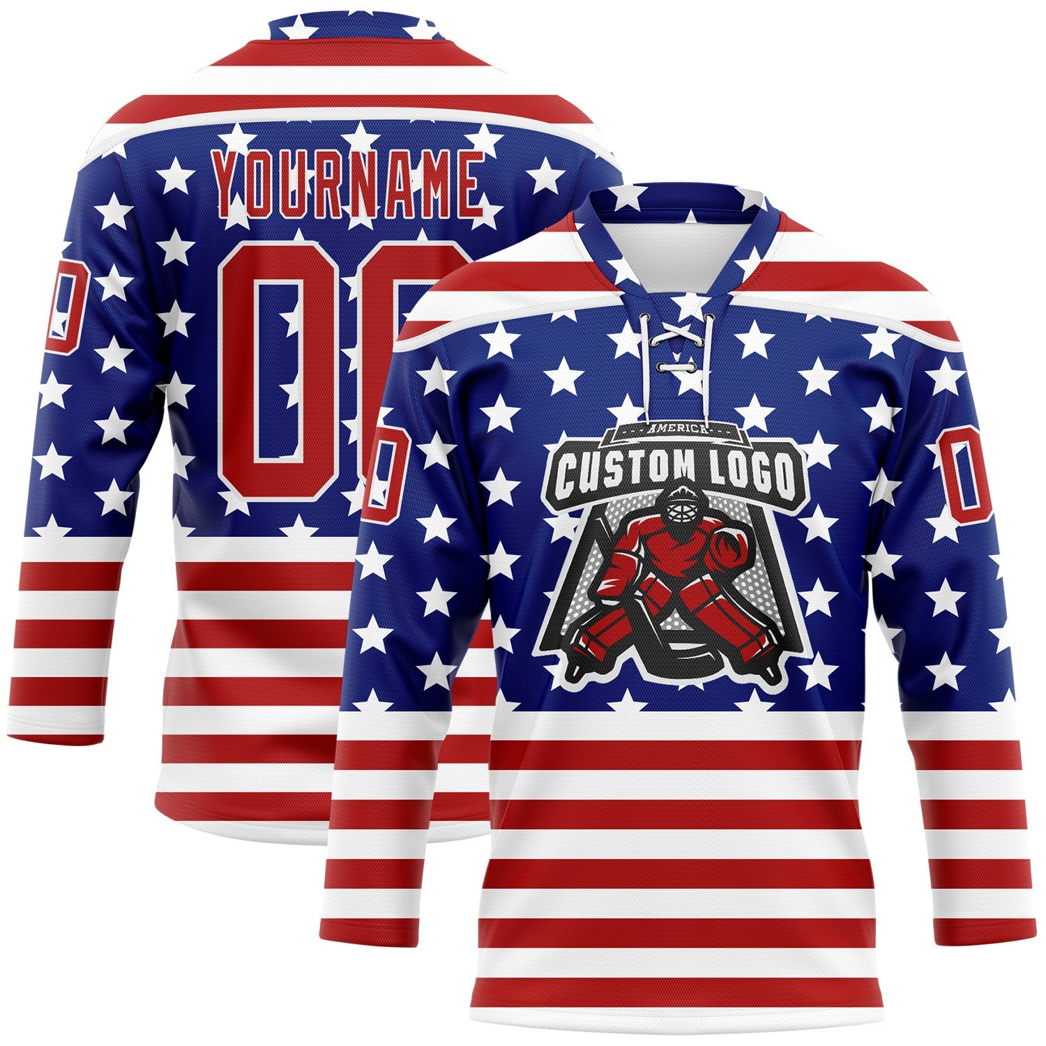 Custom White Red-Royal American Flag Hockey Lace Neck Jersey view 2