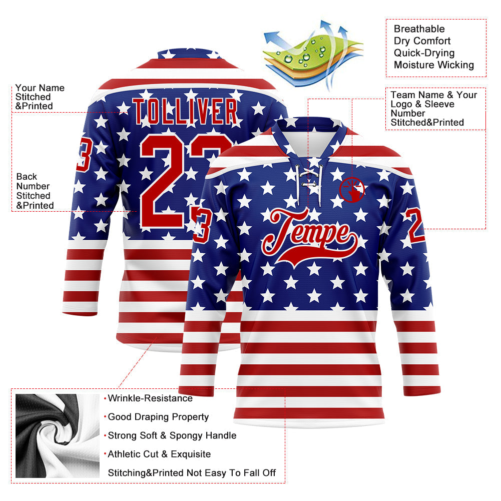 Custom White Red-Royal American Flag Hockey Lace Neck Jersey view 5