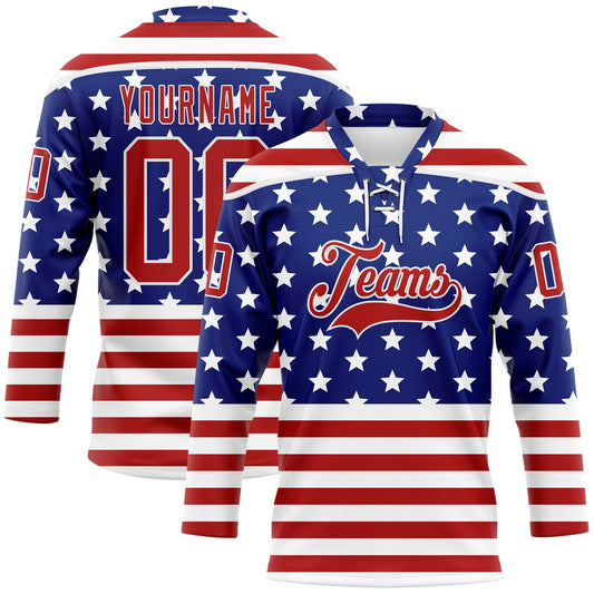 Custom White Red-Royal American Flag Hockey Lace Neck Jersey - Main View
