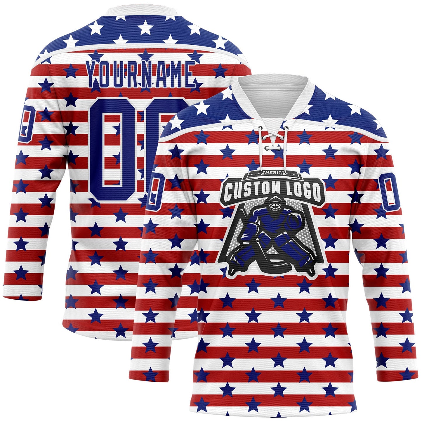 Custom White Royal-Red American Flag Hockey Lace Neck Jersey view 2