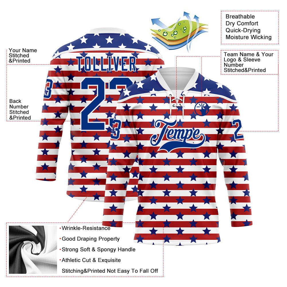 Custom White Royal-Red American Flag Hockey Lace Neck Jersey view 5