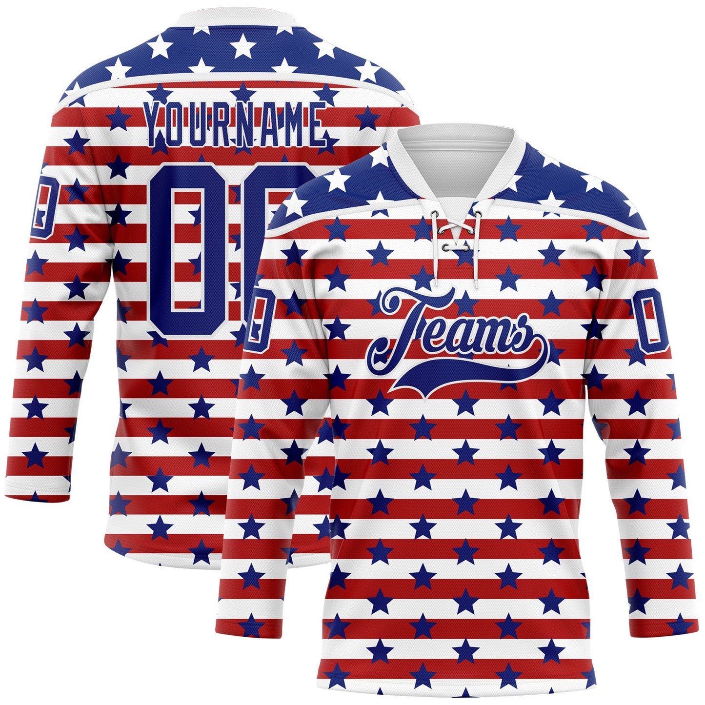 Custom White Royal-Red American Flag Hockey Lace Neck Jersey - Main View