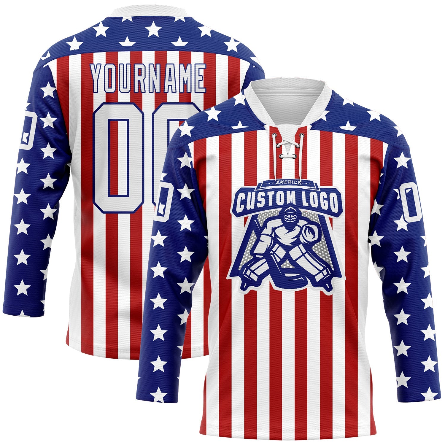 Custom White Red-Royal American Flag Hockey Lace Neck Jersey view 2