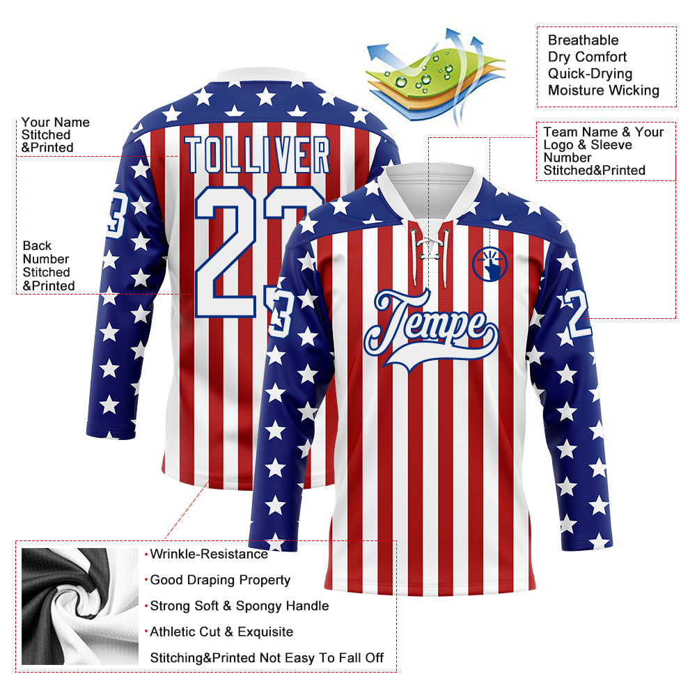 Custom White Red-Royal American Flag Hockey Lace Neck Jersey view 5