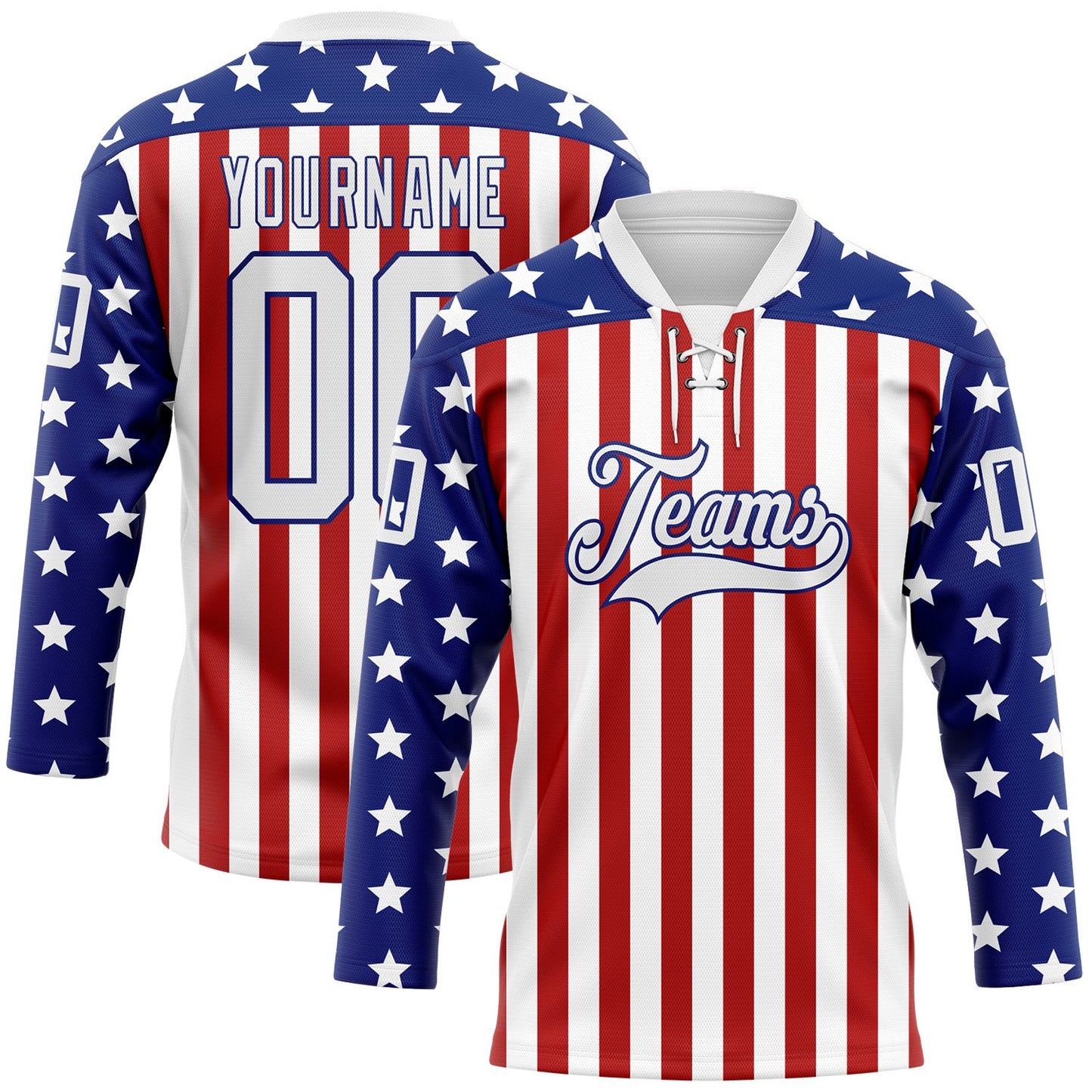 Custom White Red-Royal American Flag Hockey Lace Neck Jersey - Main View