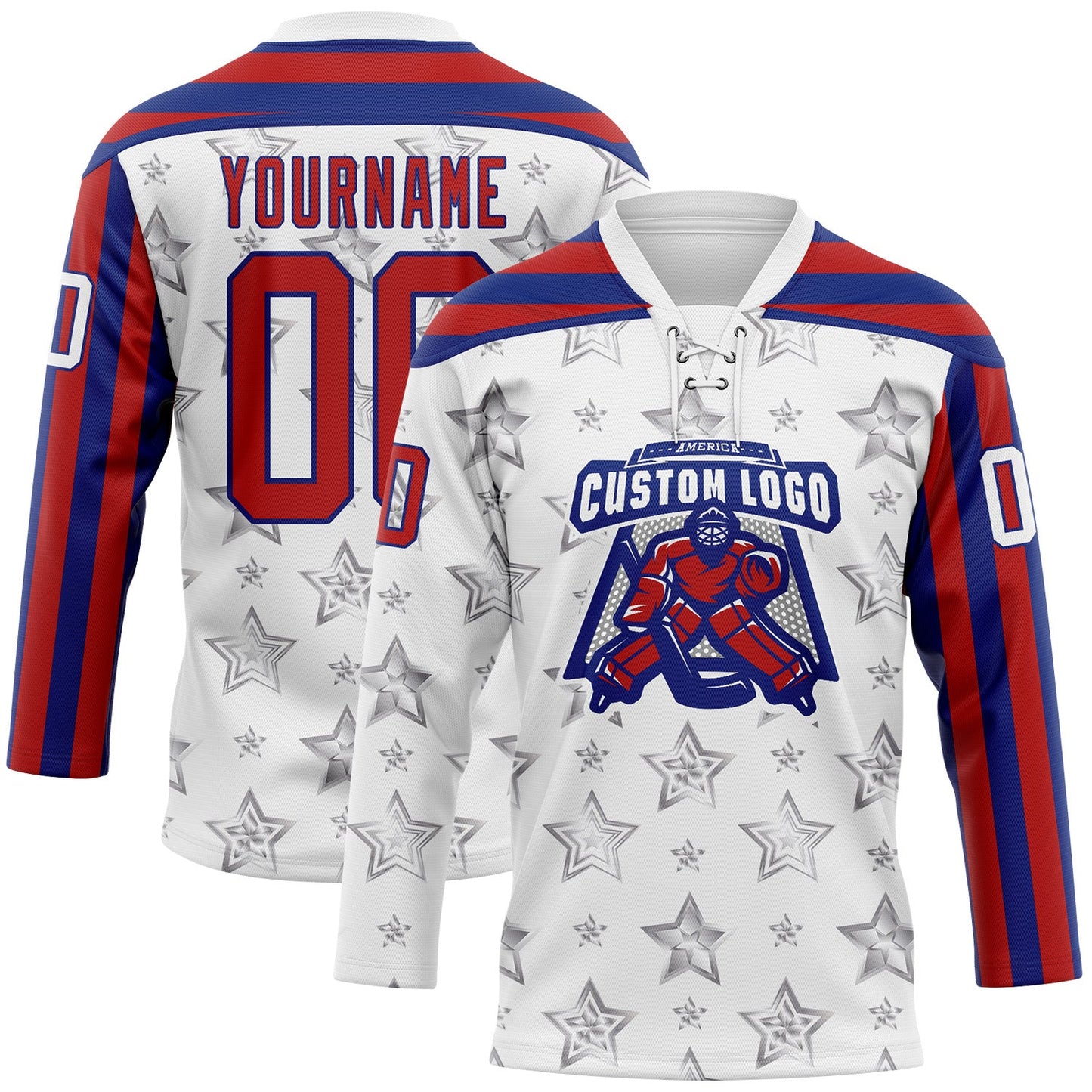 Custom White Red-Royal American Flag Hockey Lace Neck Jersey view 2