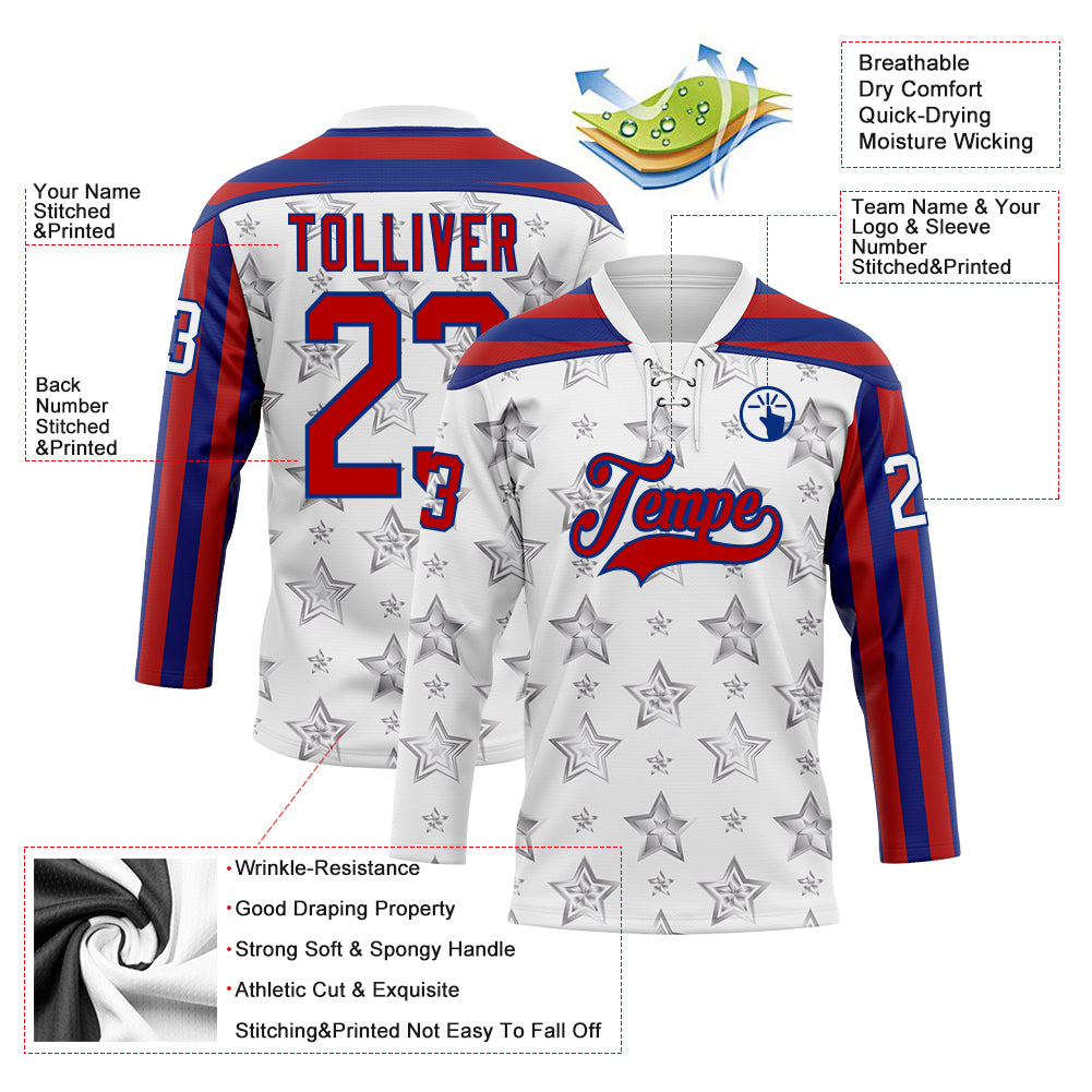 Custom White Red-Royal American Flag Hockey Lace Neck Jersey view 5