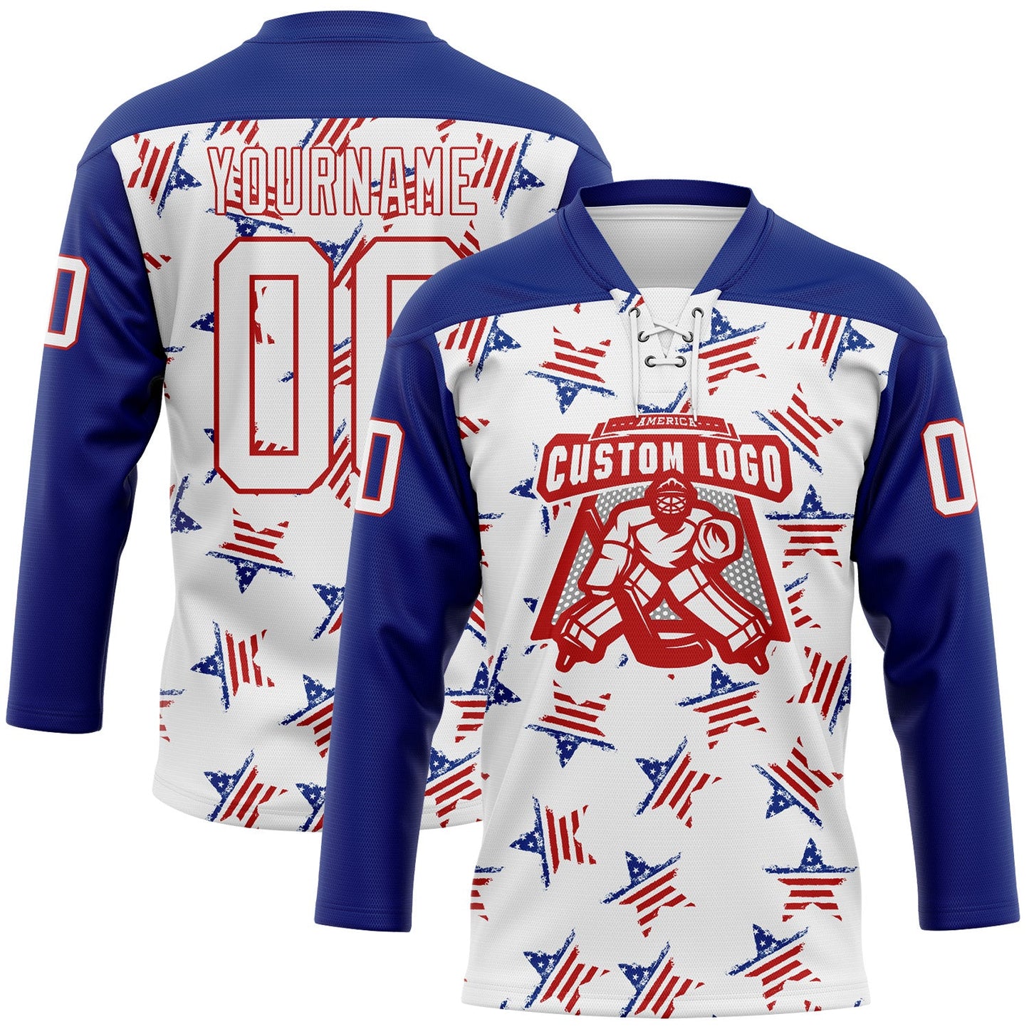 Custom White Royal-Red American Flag Hockey Lace Neck Jersey view 2
