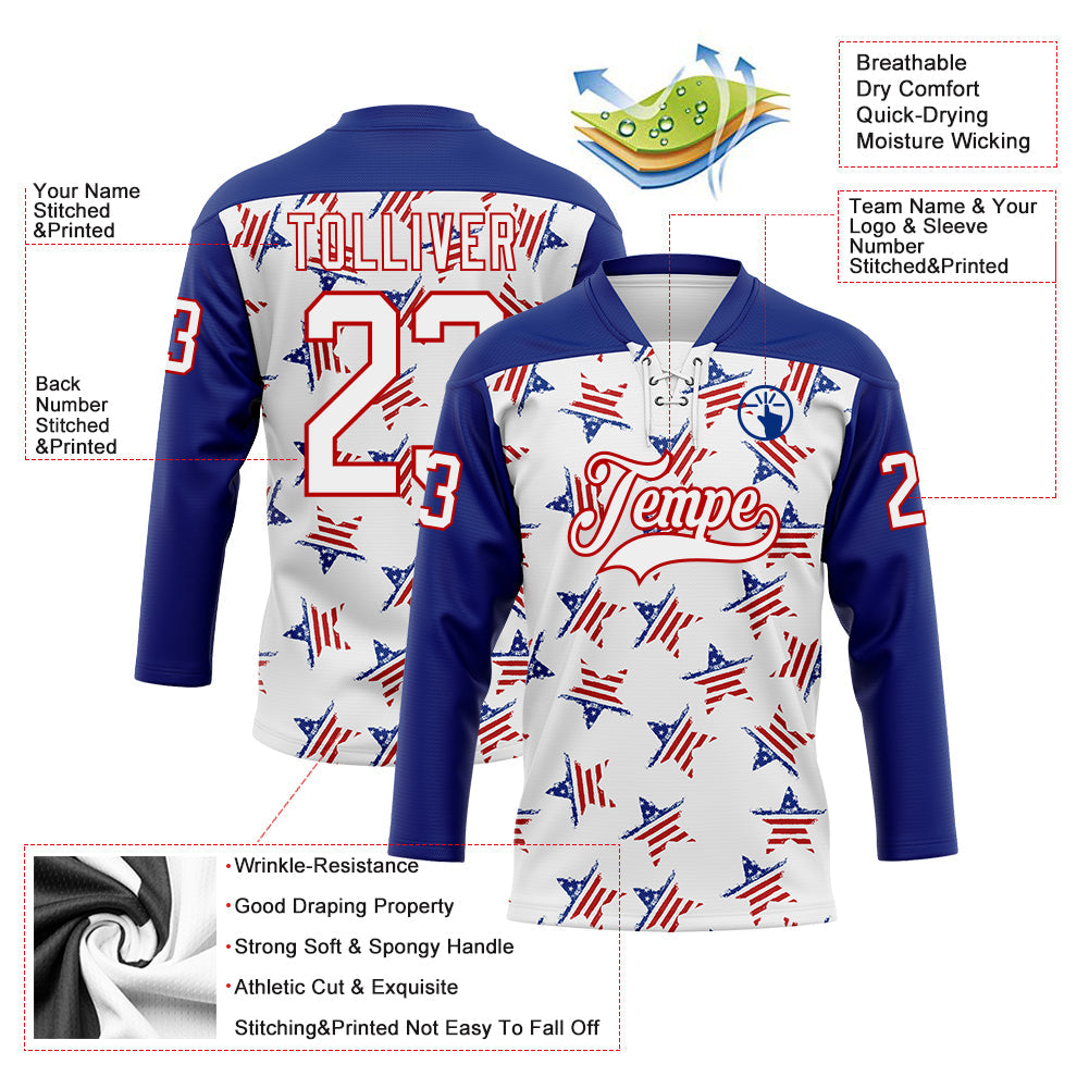 Custom White Royal-Red American Flag Hockey Lace Neck Jersey view 5