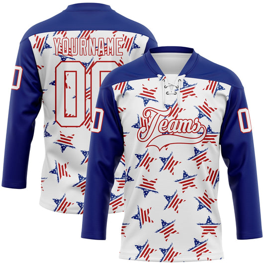 Custom White Royal-Red American Flag Hockey Lace Neck Jersey - Main View