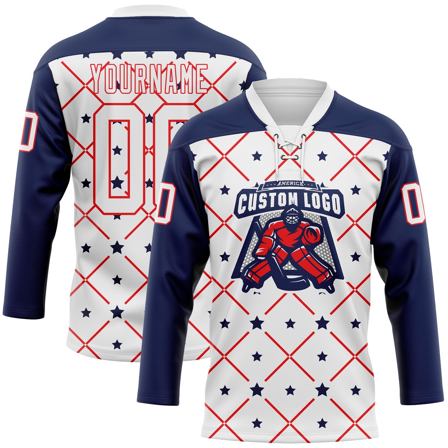 Custom White Navy-Fire Red American Flag Hockey Lace Neck Jersey view 2
