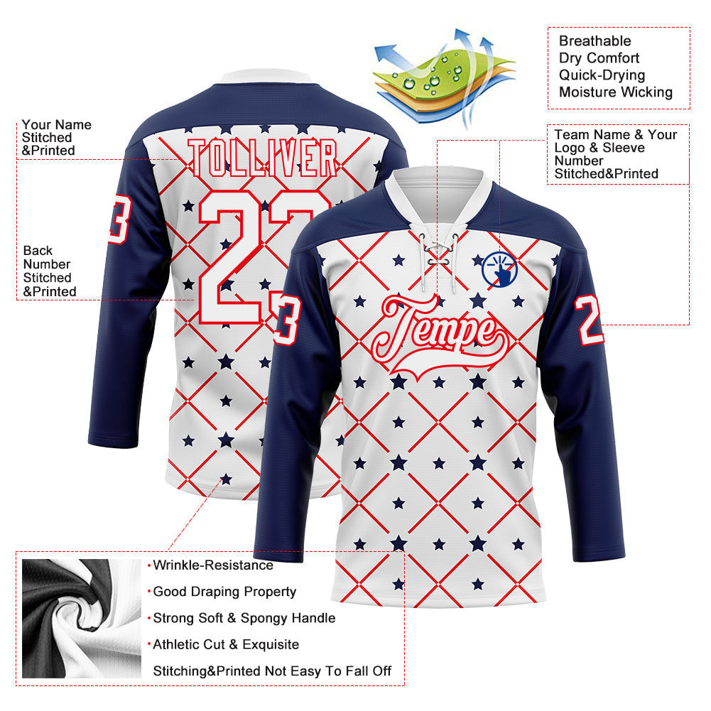 Custom White Navy-Fire Red American Flag Hockey Lace Neck Jersey view 5