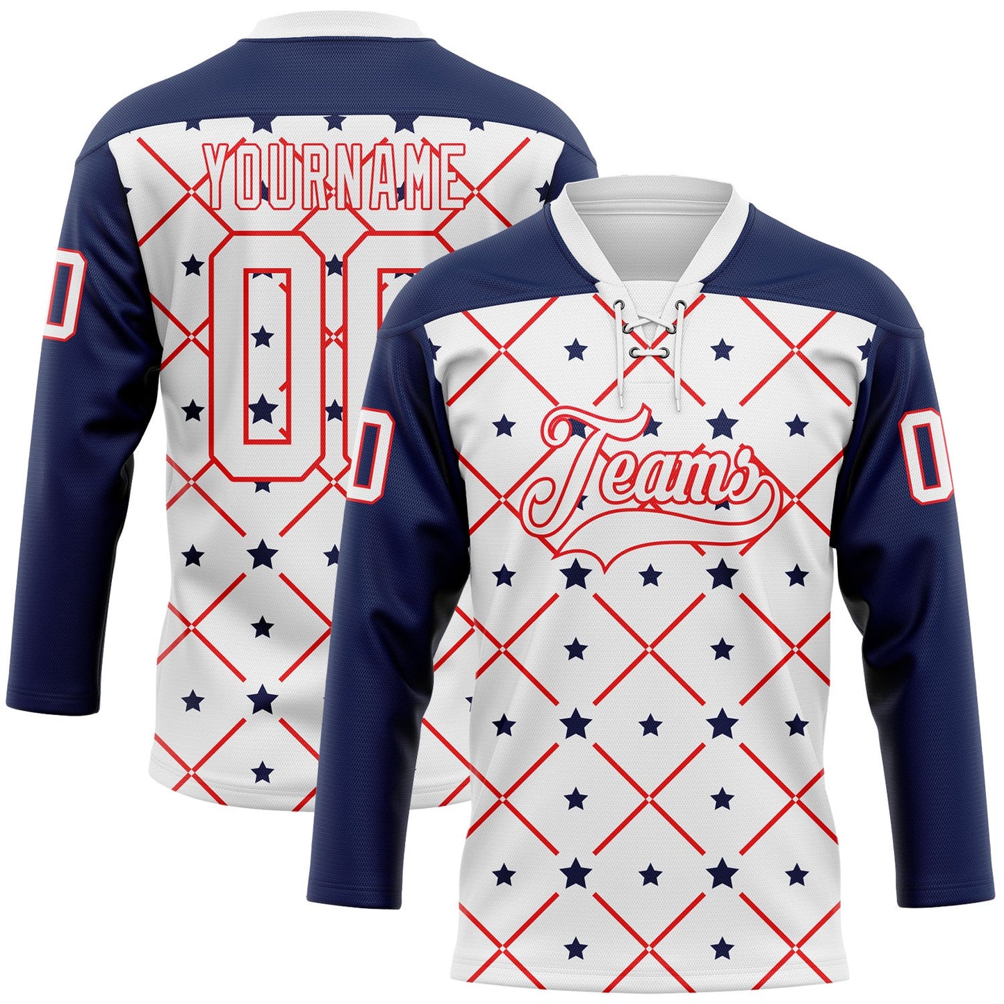 Custom White Navy-Fire Red American Flag Hockey Lace Neck Jersey - Main View