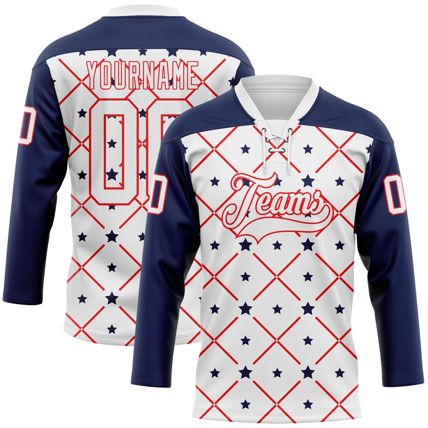 Custom White Navy-Fire Red American Flag Hockey Lace Neck Jersey - Main View