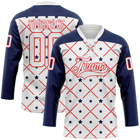 Custom White Navy-Fire Red American Flag Hockey Lace Neck Jersey - Main View