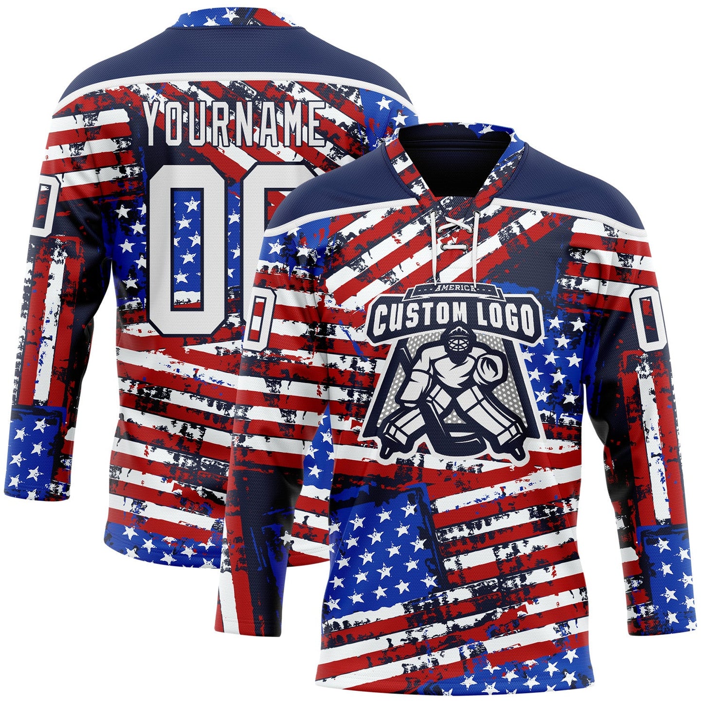 Custom Navy White Red-Royal American Flag Grunge Hockey Lace Neck Jersey view 2