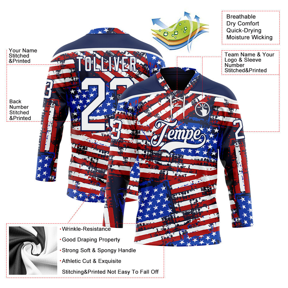Custom Navy White Red-Royal American Flag Grunge Hockey Lace Neck Jersey view 5