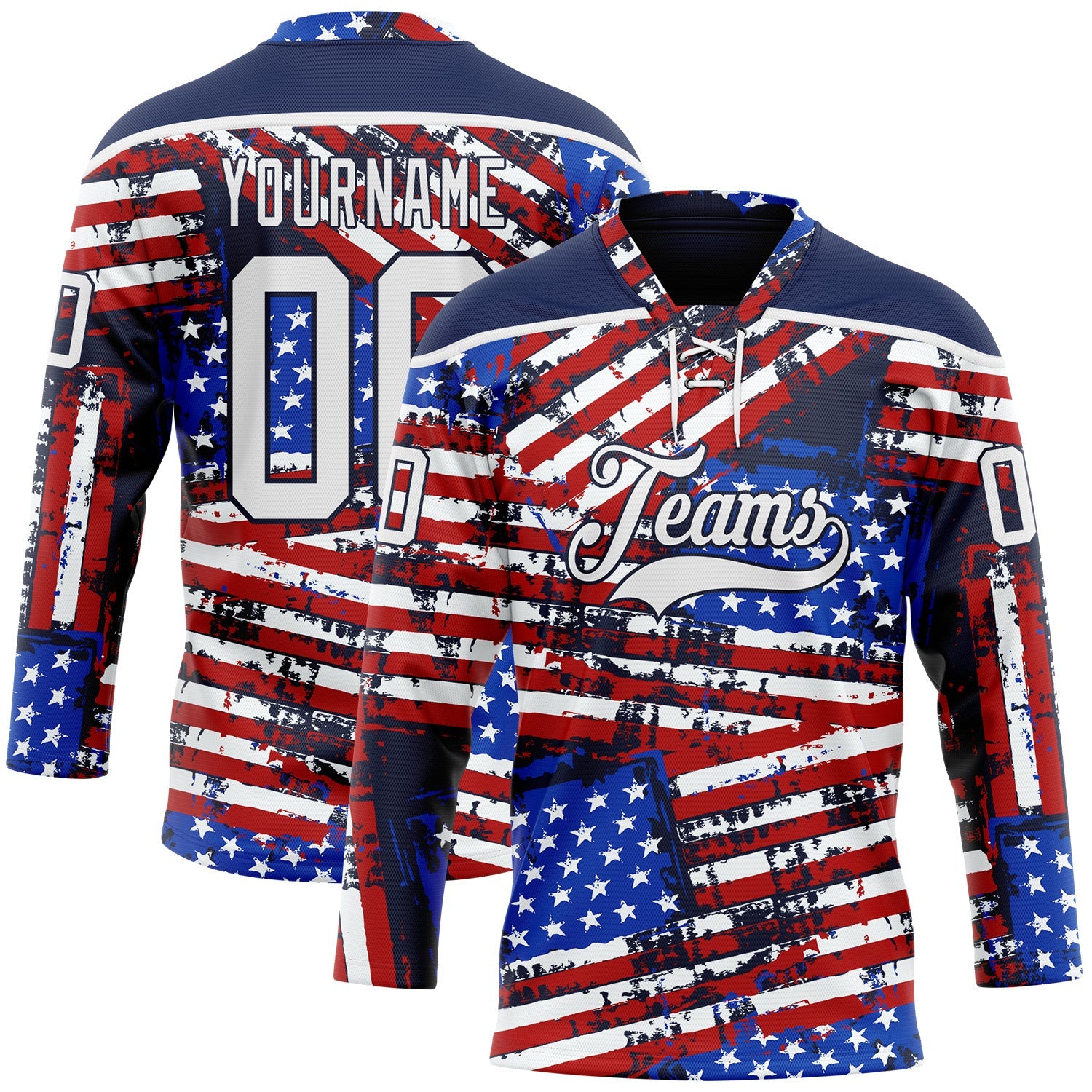 Custom Navy White Red-Royal American Flag Grunge Hockey Lace Neck Jersey - Main View