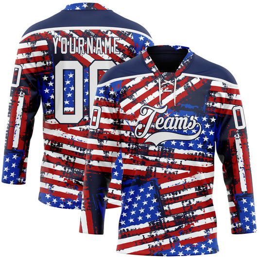 Custom Navy White Red-Royal American Flag Grunge Hockey Lace Neck Jersey - Main View