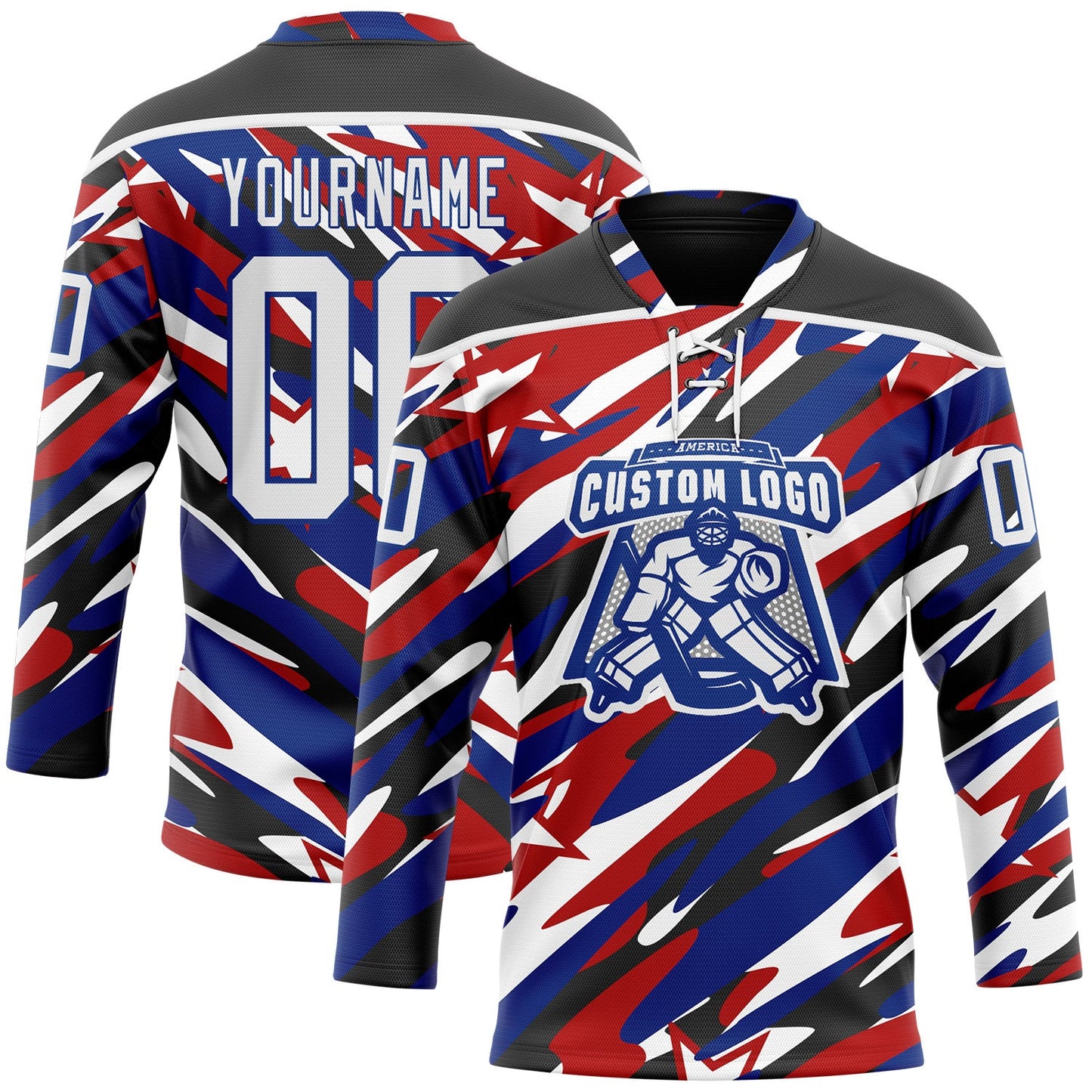 Custom Black White Red-Royal American Flag Hockey Lace Neck Jersey view 2