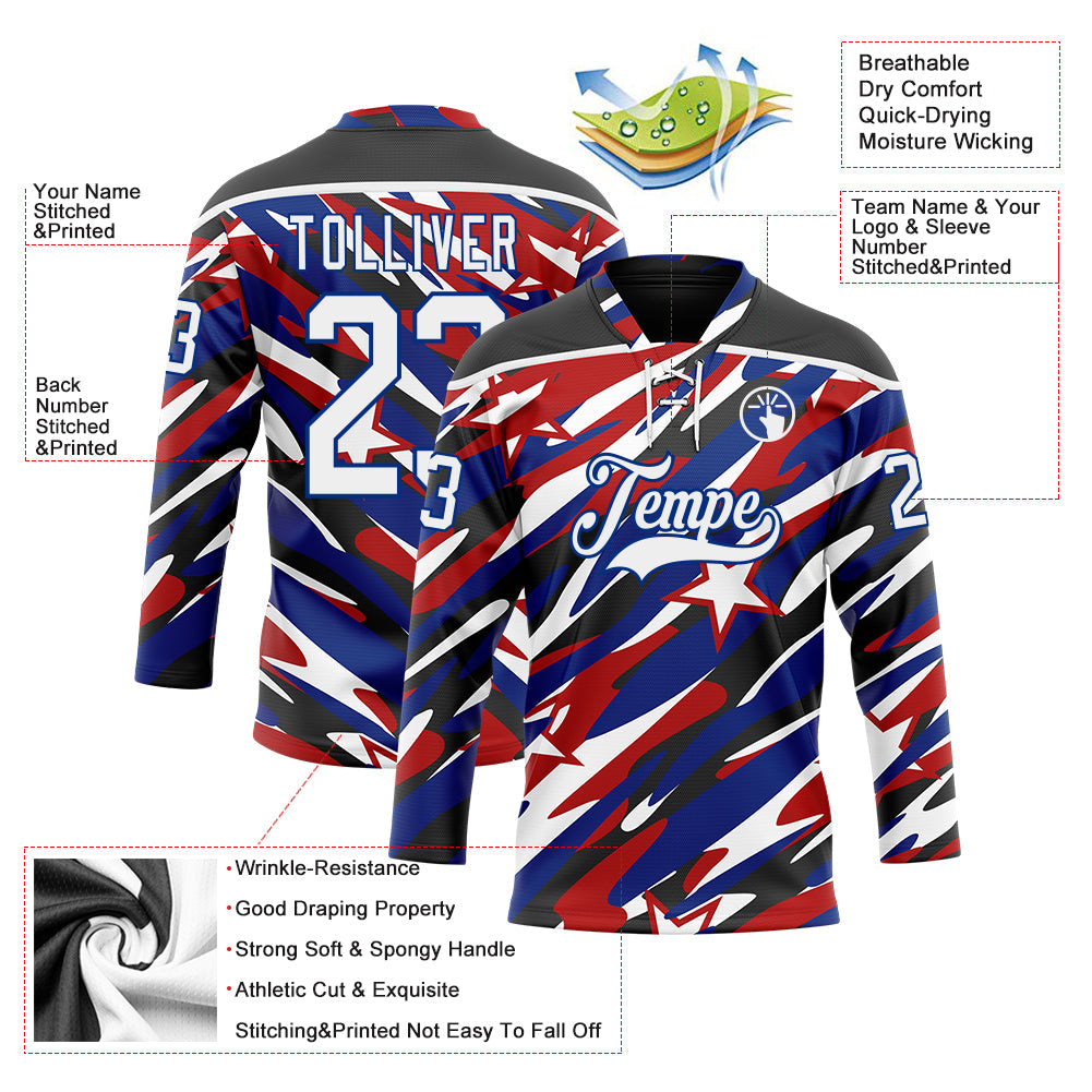 Custom Black White Red-Royal American Flag Hockey Lace Neck Jersey view 5