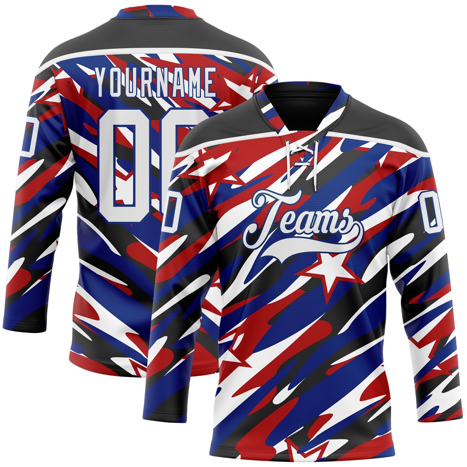 Custom Black White Red-Royal American Flag Hockey Lace Neck Jersey - Main View