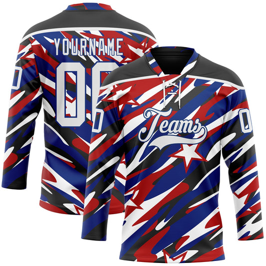 Custom Black White Red-Royal American Flag Hockey Lace Neck Jersey - Main View