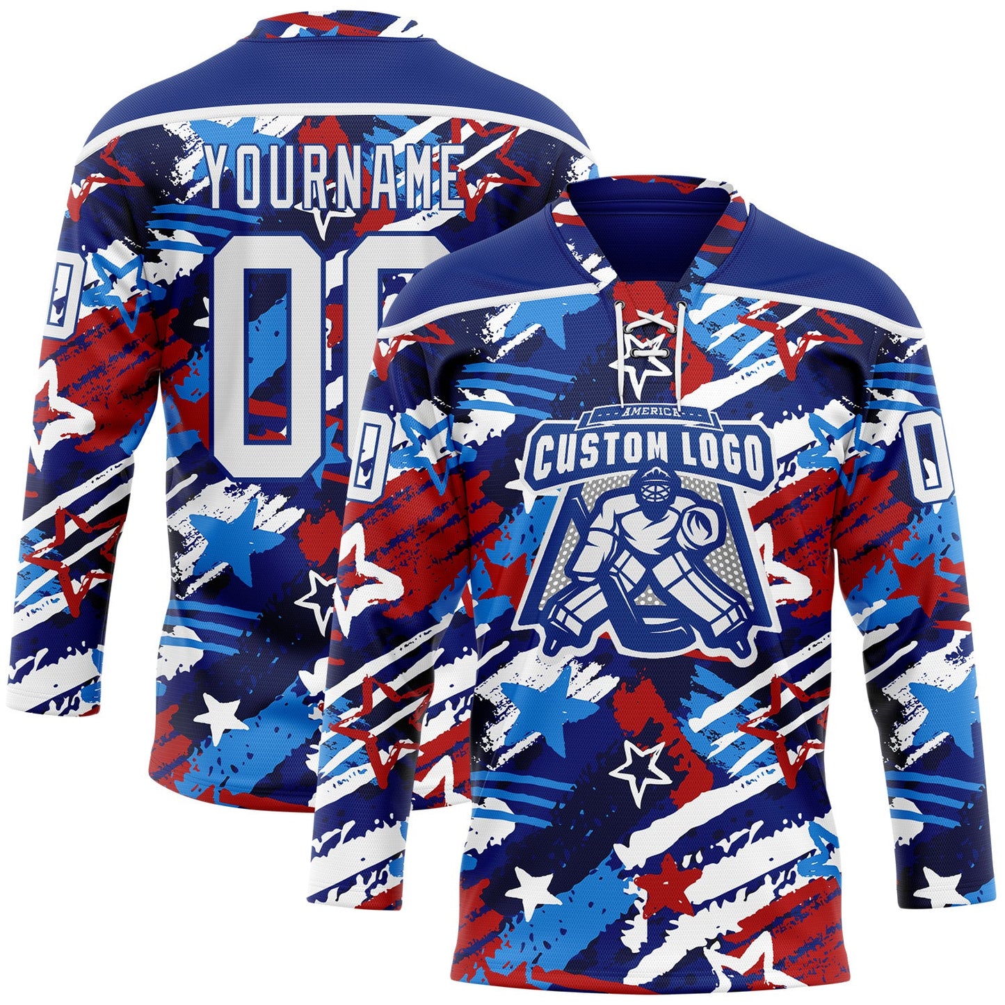 Custom Royal White-Red American Flag Hockey Lace Neck Jersey view 2