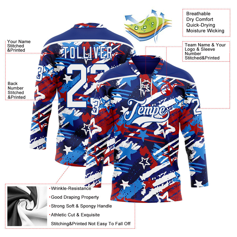 Custom Royal White-Red American Flag Hockey Lace Neck Jersey view 5