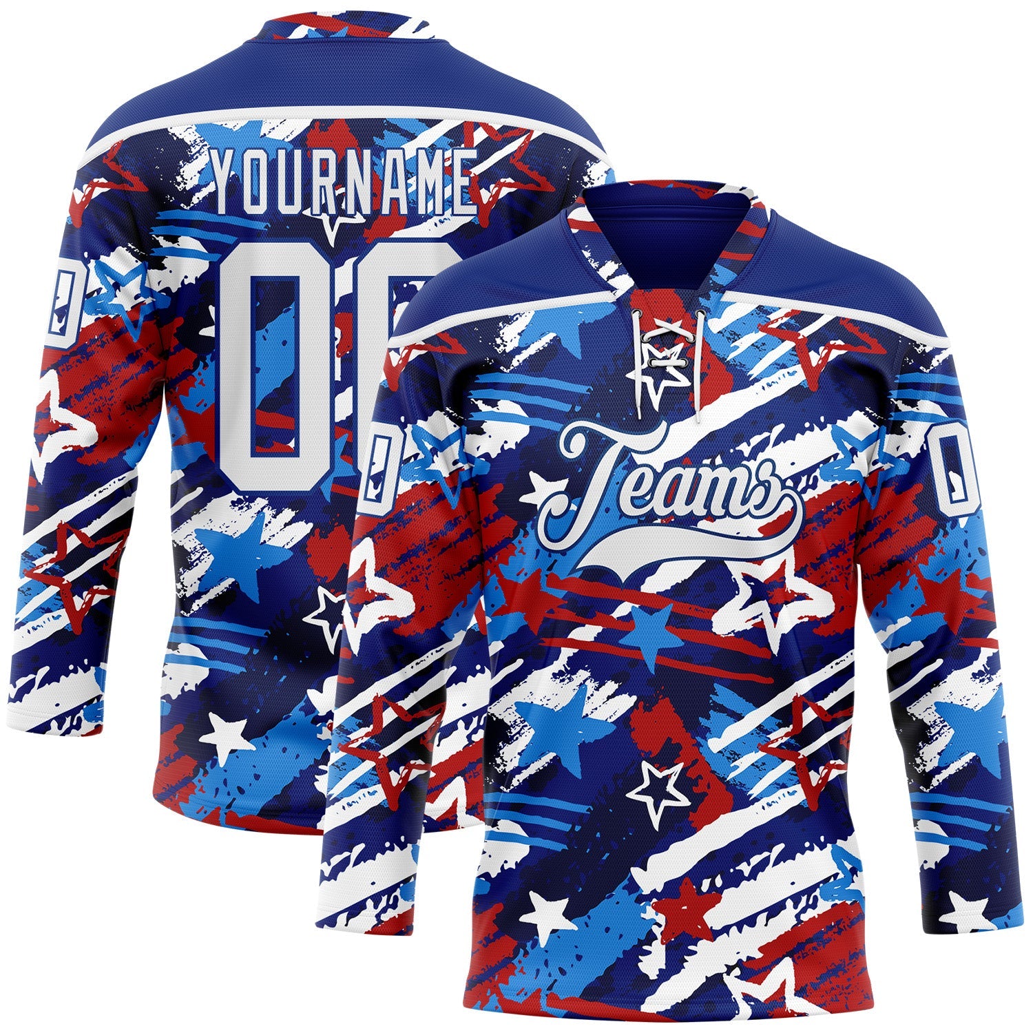 Custom Royal White-Red American Flag Hockey Lace Neck Jersey - Main View