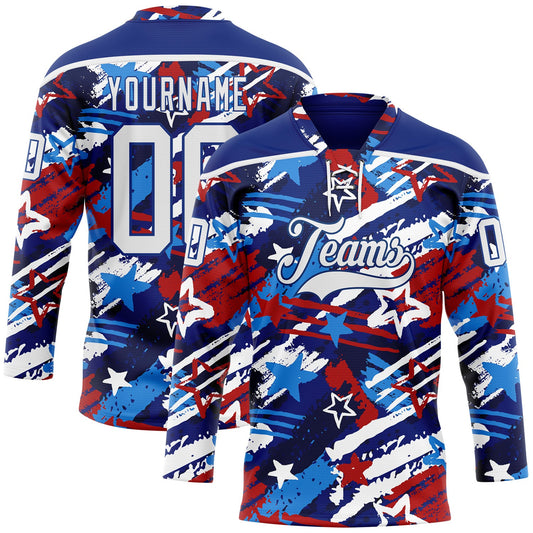 Custom Royal White-Red American Flag Hockey Lace Neck Jersey - Main View