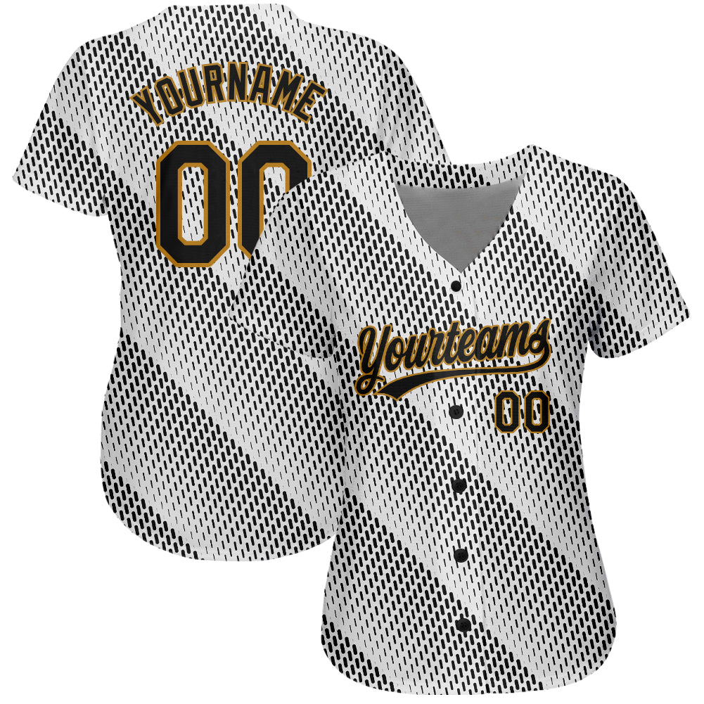 Custom White Black-Old Gold 3D Pattern Design Authentic Baseball Jersey view 2