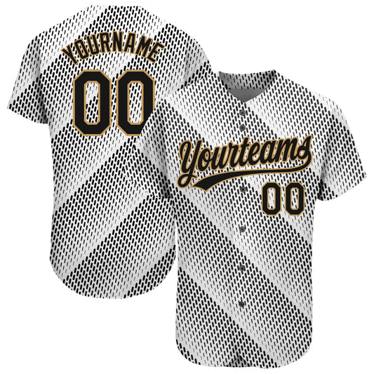 Custom White Black-Old Gold 3D Pattern Design Authentic Baseball Jersey - Main View