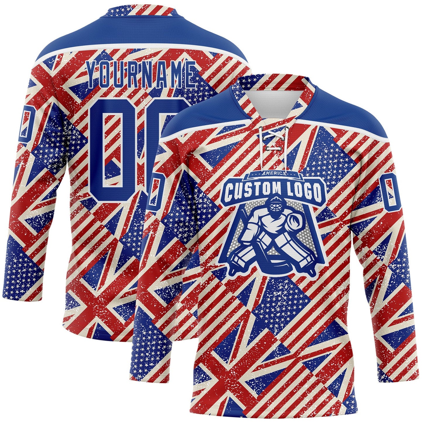 Custom Royal Red Cream-White American Flag Grunge Hockey Lace Neck Jersey view 2
