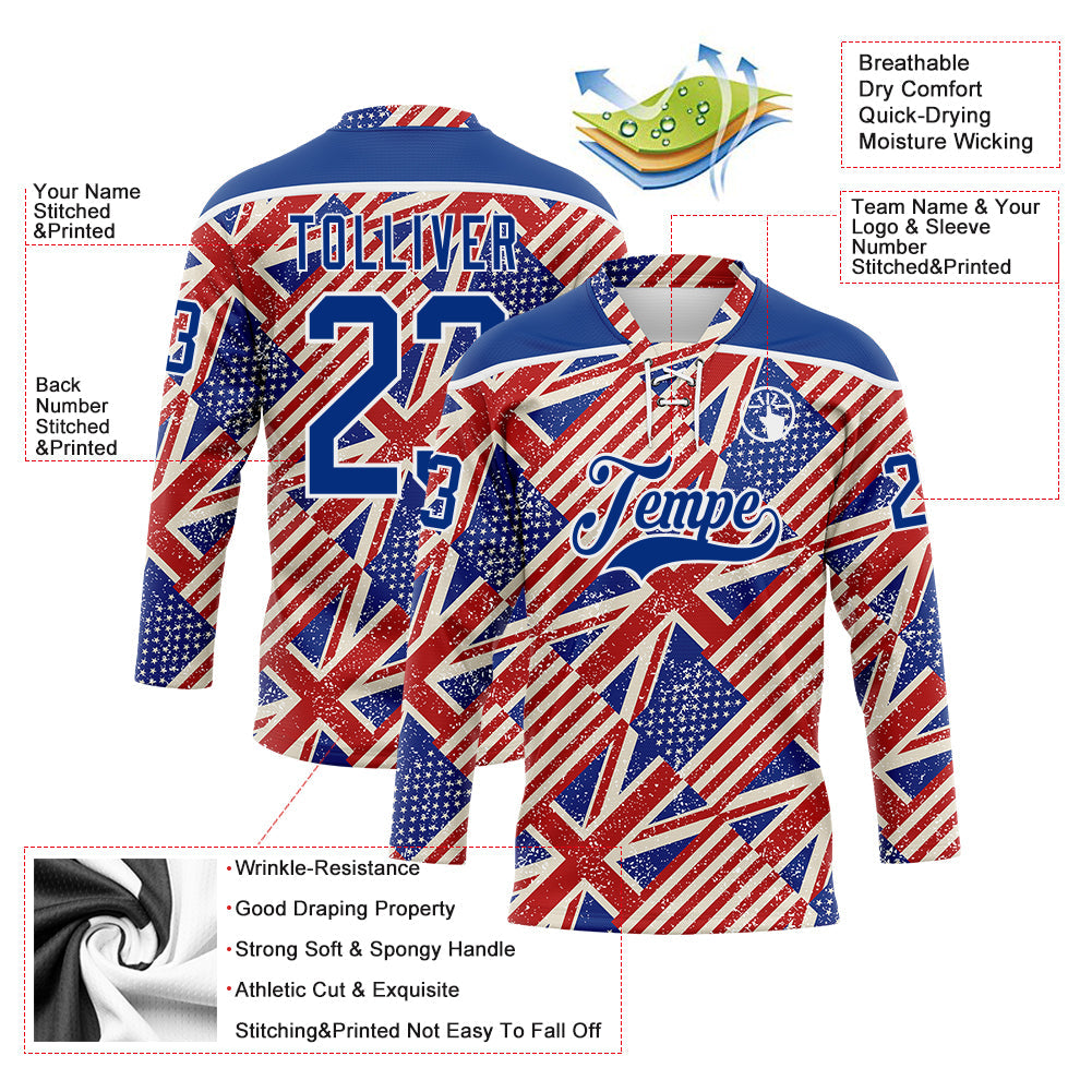 Custom Royal Red Cream-White American Flag Grunge Hockey Lace Neck Jersey view 5