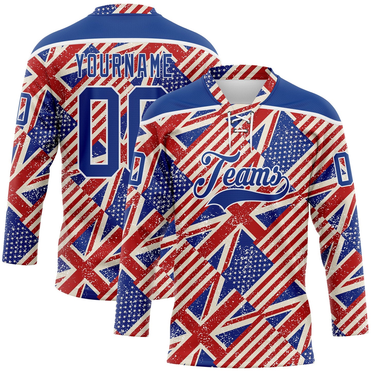 Custom Royal Red Cream-White American Flag Grunge Hockey Lace Neck Jersey - Main View