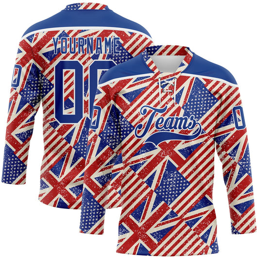 Custom Royal Red Cream-White American Flag Grunge Hockey Lace Neck Jersey - Main View