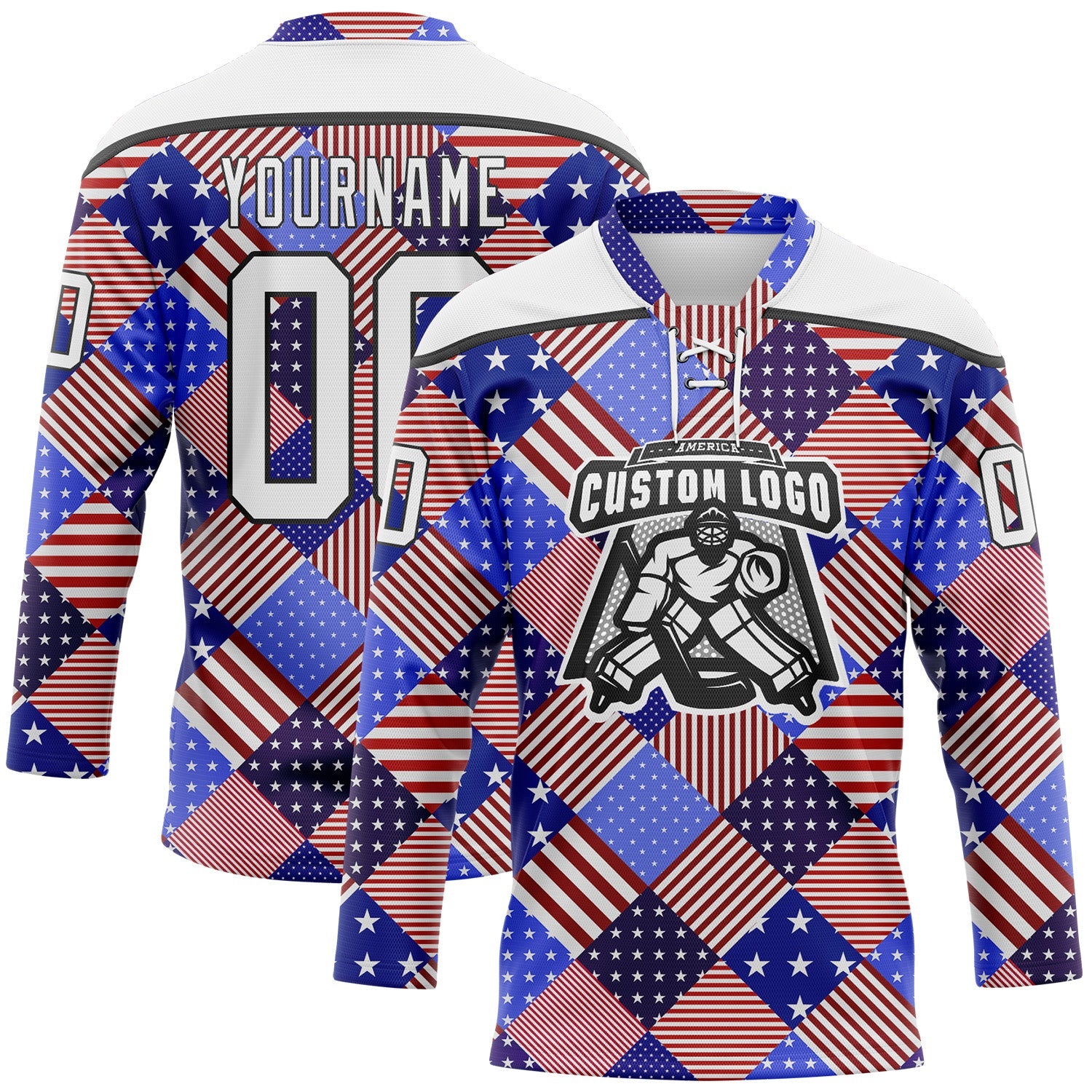 Custom White Royal Red-Black American Flag Hockey Lace Neck Jersey view 2