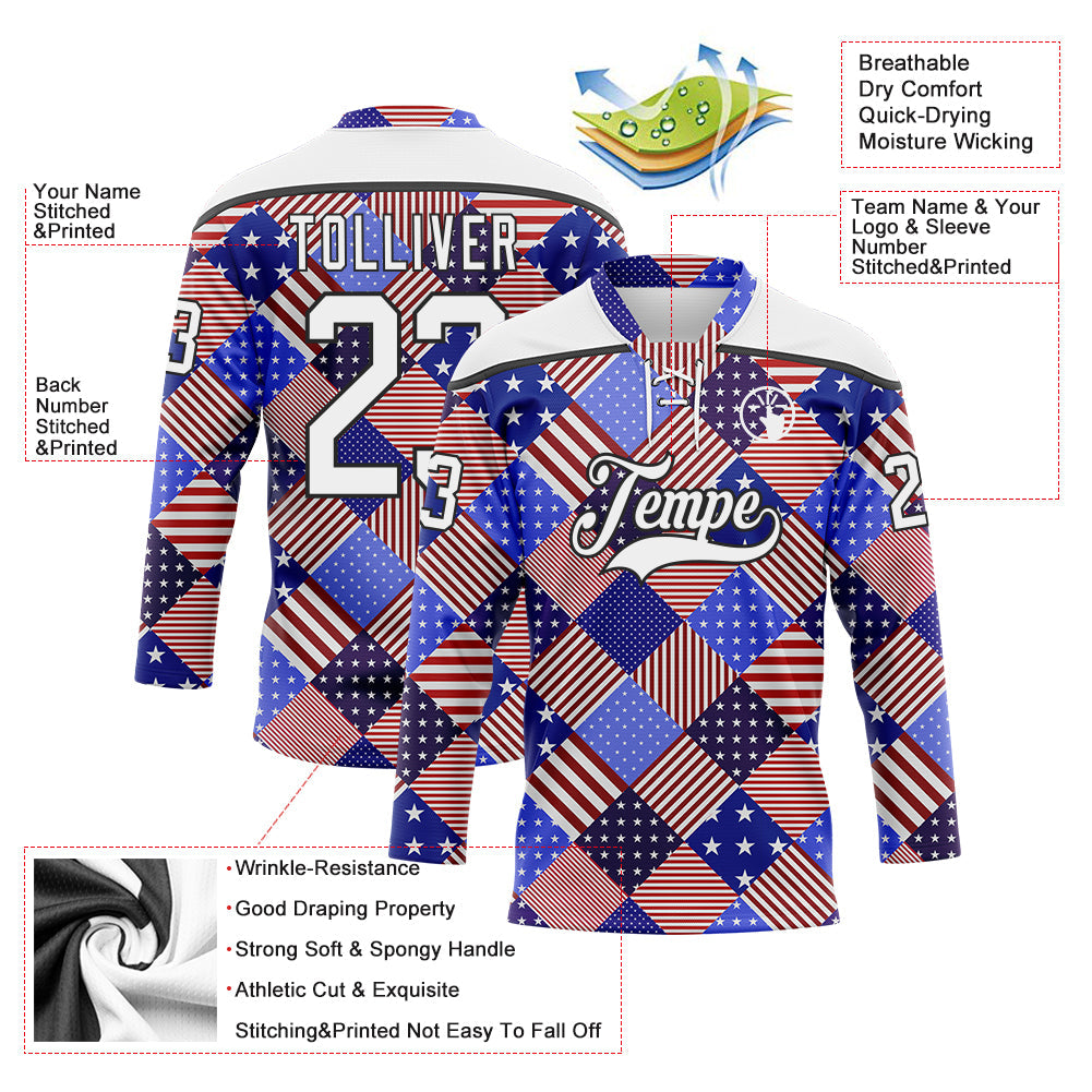 Custom White Royal Red-Black American Flag Hockey Lace Neck Jersey view 5