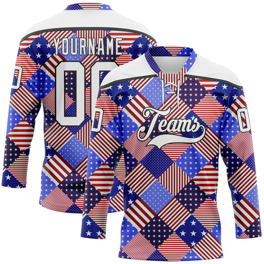 Custom White Royal Red-Black American Flag Hockey Lace Neck Jersey - Main View